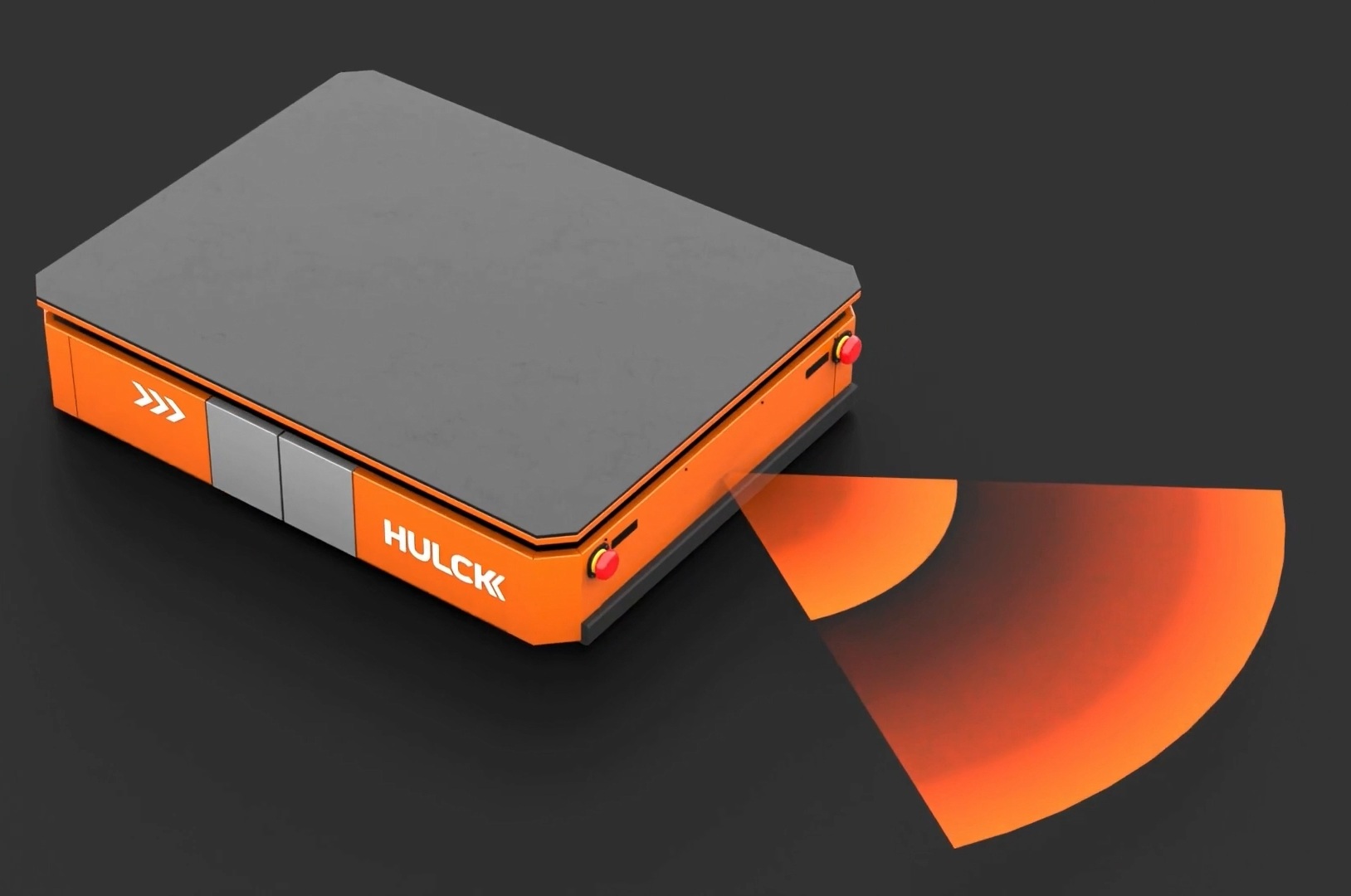 HULCK Mover render showing laser obstacle detection zone and emergency stop buttons